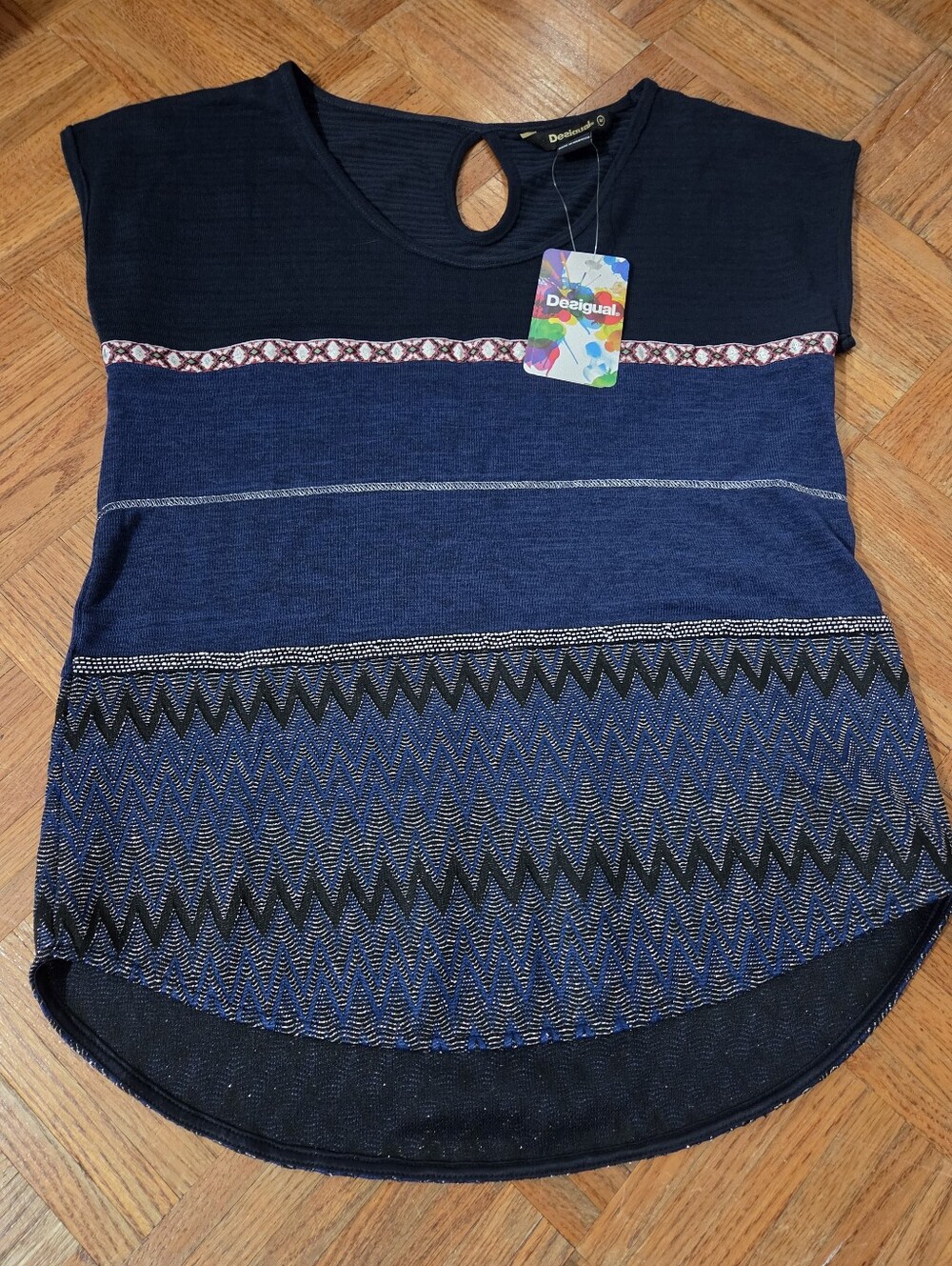 Desigual Navy and Dark Blue Patterned Short Sleeve Top